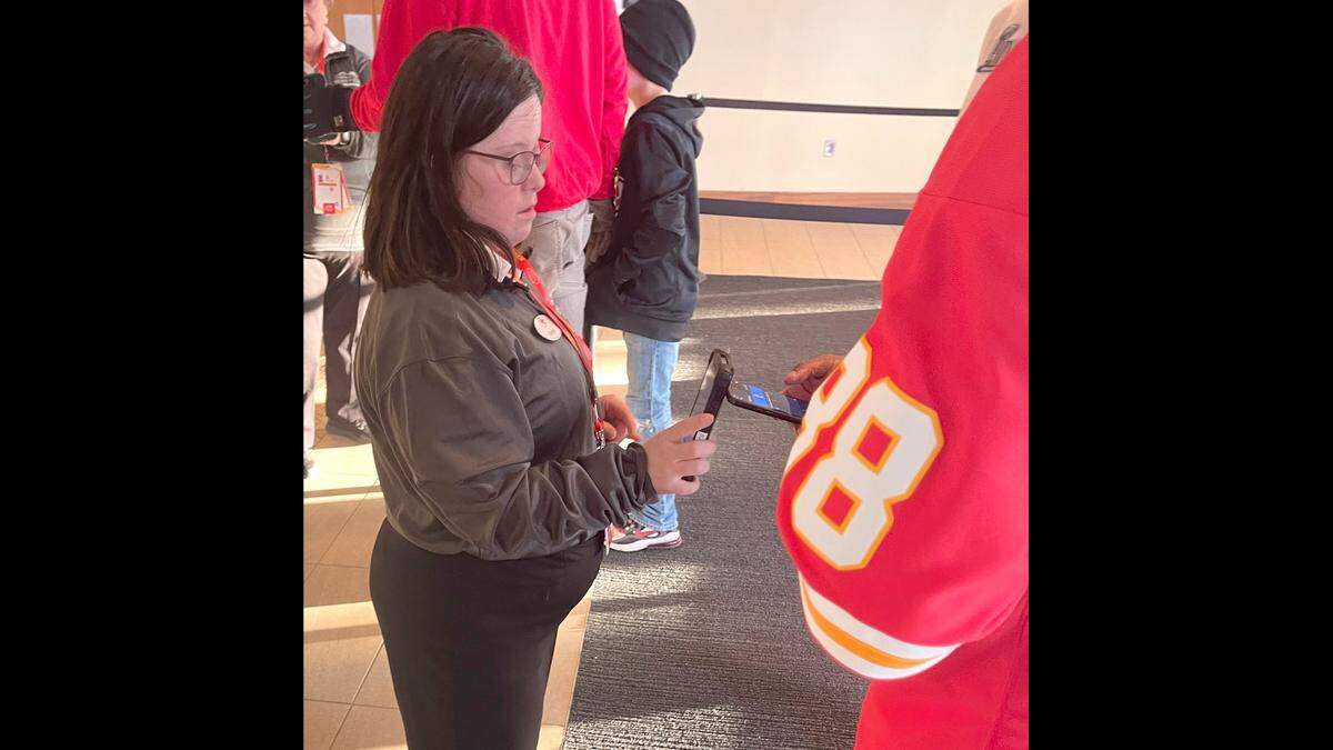 Carissa Ringot, along with her brother Chris, are two of 18 individuals with Down syndrome employed by the Chiefs through a partnership with Down Syndrome Innovations. She’s a guest services representative, which sees her scanning tickets for fans and guiding them to their sections.