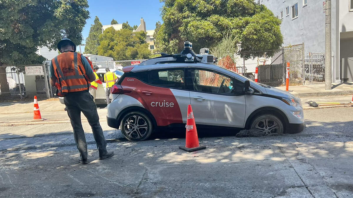 A General Motors Cruise autonomous taxi drove into wet concrete in San Francisco last month.
