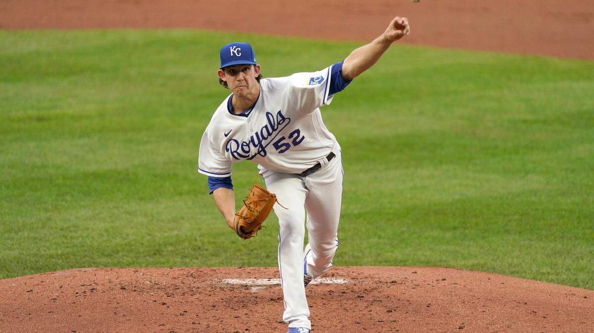 Kansas City Royals starting pitcher Daniel Lynch throws during the second inning of a game against the Chicago White Sox on Saturday, Sept. 4, 2021, at Kauffman Stadium in Kansas City, Mo.