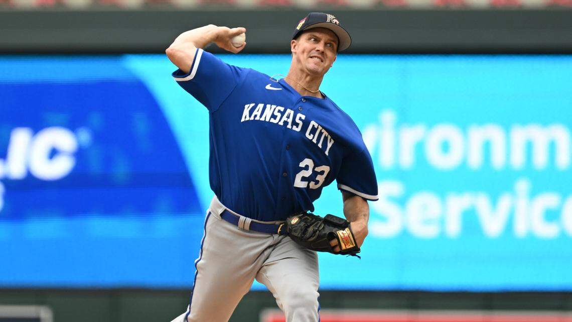Royals right-hander Zack Greinke pitched into the sixth inning before exiting Tuesday night’s game against the Minnesota Twins at Target Field.
