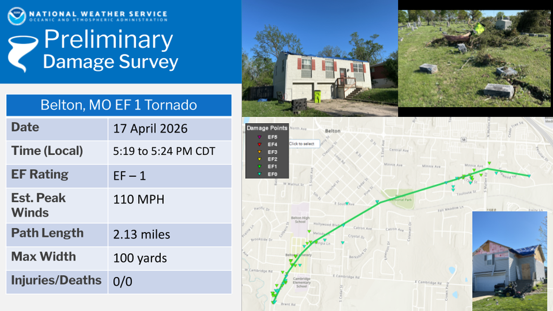 A preliminary damage survey released by the National Weather Service on Saturday showed details of the tornado that touched down in Belton the day before.