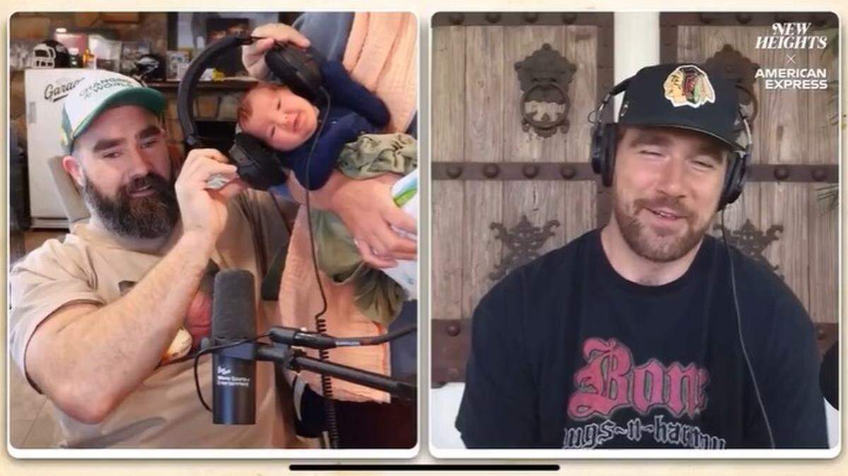 Travis Kelce met his newborn niece for the first time while recording the New Heights podcast.