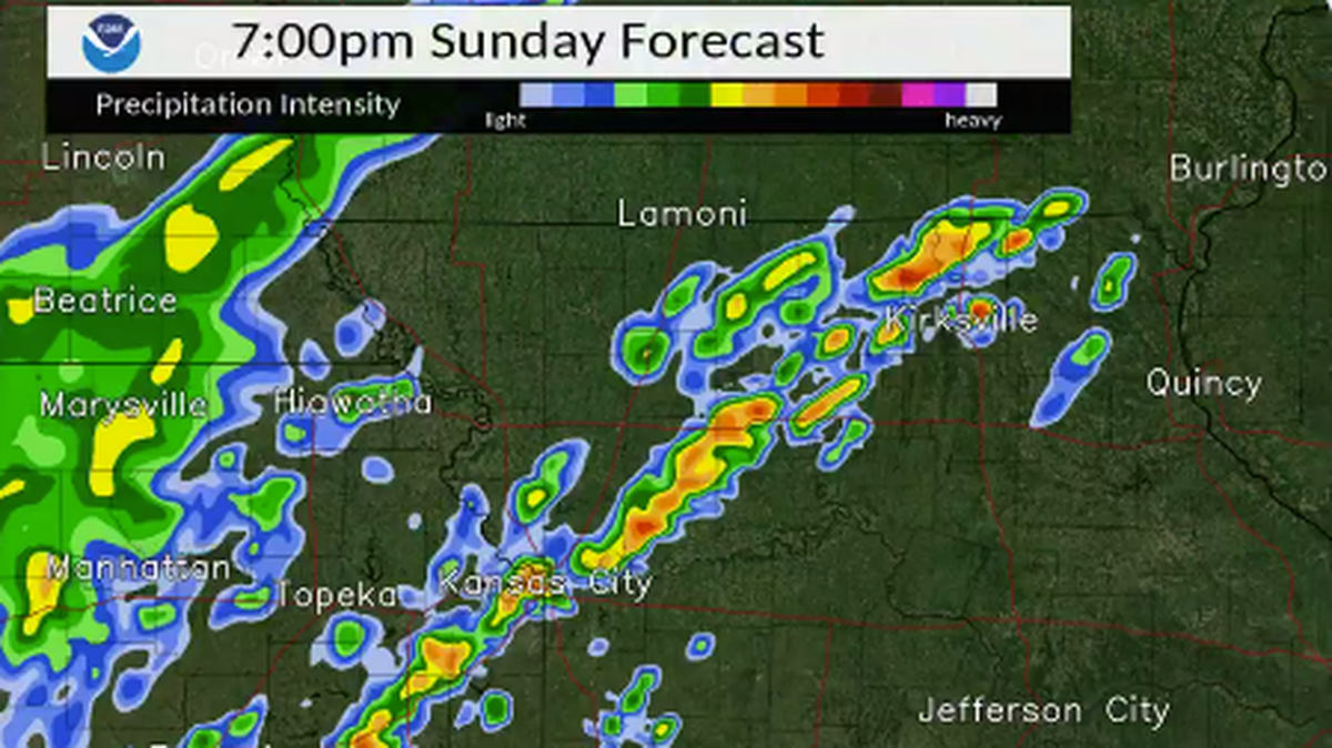The National Weather Service’s radar showing that storms are expected Sunday evening in Kansas City.