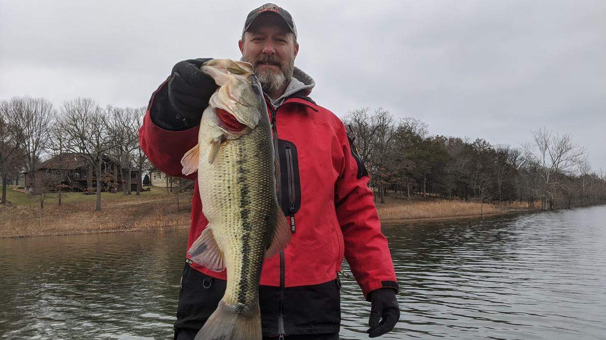 This 6.5-pound bass was caught on a Jewel Gem Shad and Kietech swim bait by Phillip Stone. It was suspended 12 feet down over 28 feet of water on a secondary point in the mid-lake area of Table Rock. Stone, accompanied by fellow guide, Eric Prey, caught numerous fish that day, including a five-fish bag totaling right at 20 pounds.