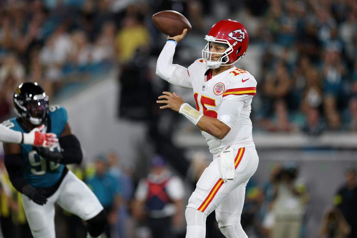 Kansas City Chiefs quarterback Patrick Mahomes throws during an NFL game against the Jacksonville Jaguars at EverBank Stadium in Jacksonville, Florida on Monday, Oct. 6, 2025.