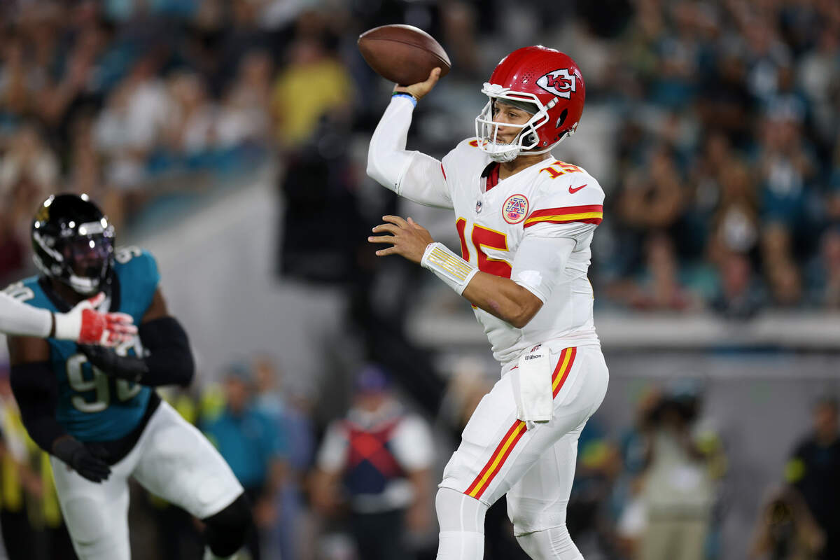 Kansas City Chiefs quarterback Patrick Mahomes throws during an NFL game against the Jacksonville Jaguars at EverBank Stadium in Jacksonville, Florida on Monday, Oct. 6, 2025.