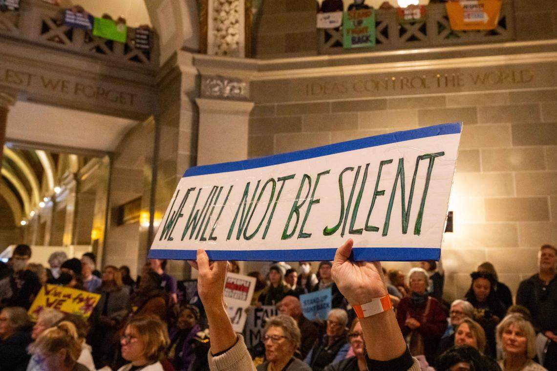 Protesters listen to speakers in the Missouri State Capitol rotunda on Wednesday, January 21, 2026 in Jefferson City. Organizations and allies gathered to protest recent Missouri lawmaker's decisions.