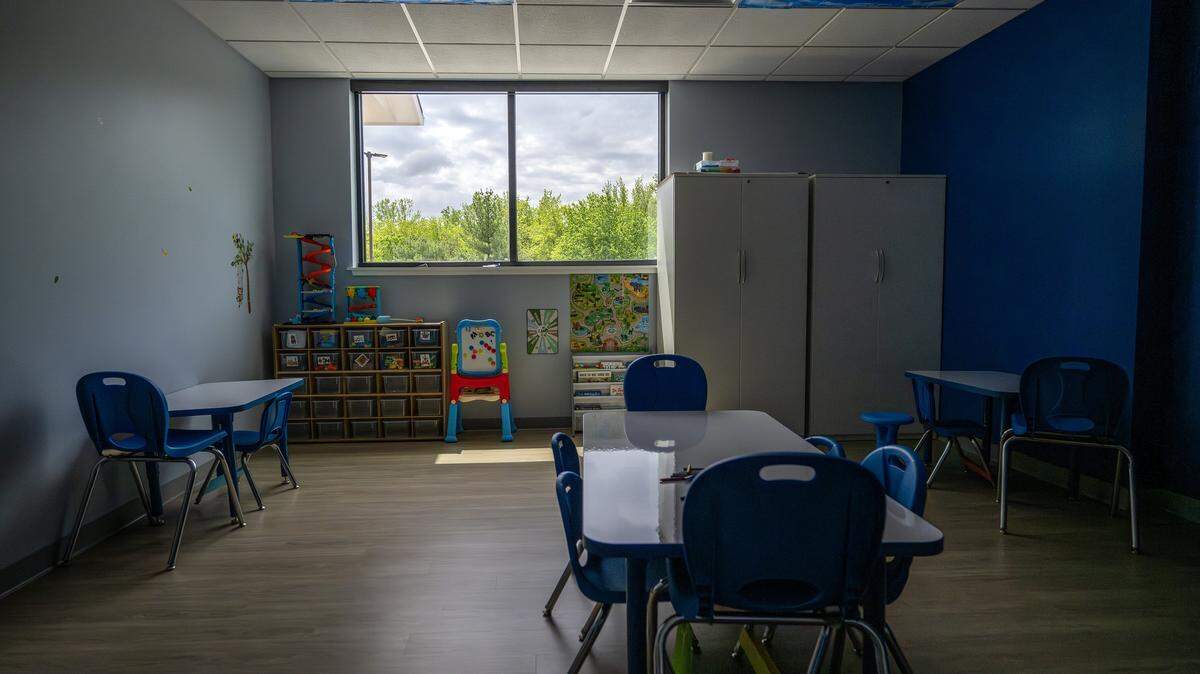 A classroom with reduced lighting is pictured on Wednesday, April 29, 2026, at Caravel Autism Health in Liberty.