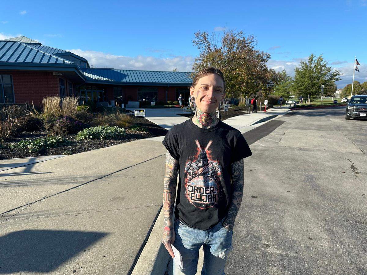 Patrick Pettegrew, 27, a locksmith, went out to his polling location at the Liberty Community Center to vote for Vice President Kamala Harris, as well as the Missouri amendments on abortion, the minimum wage and rank choice voting.