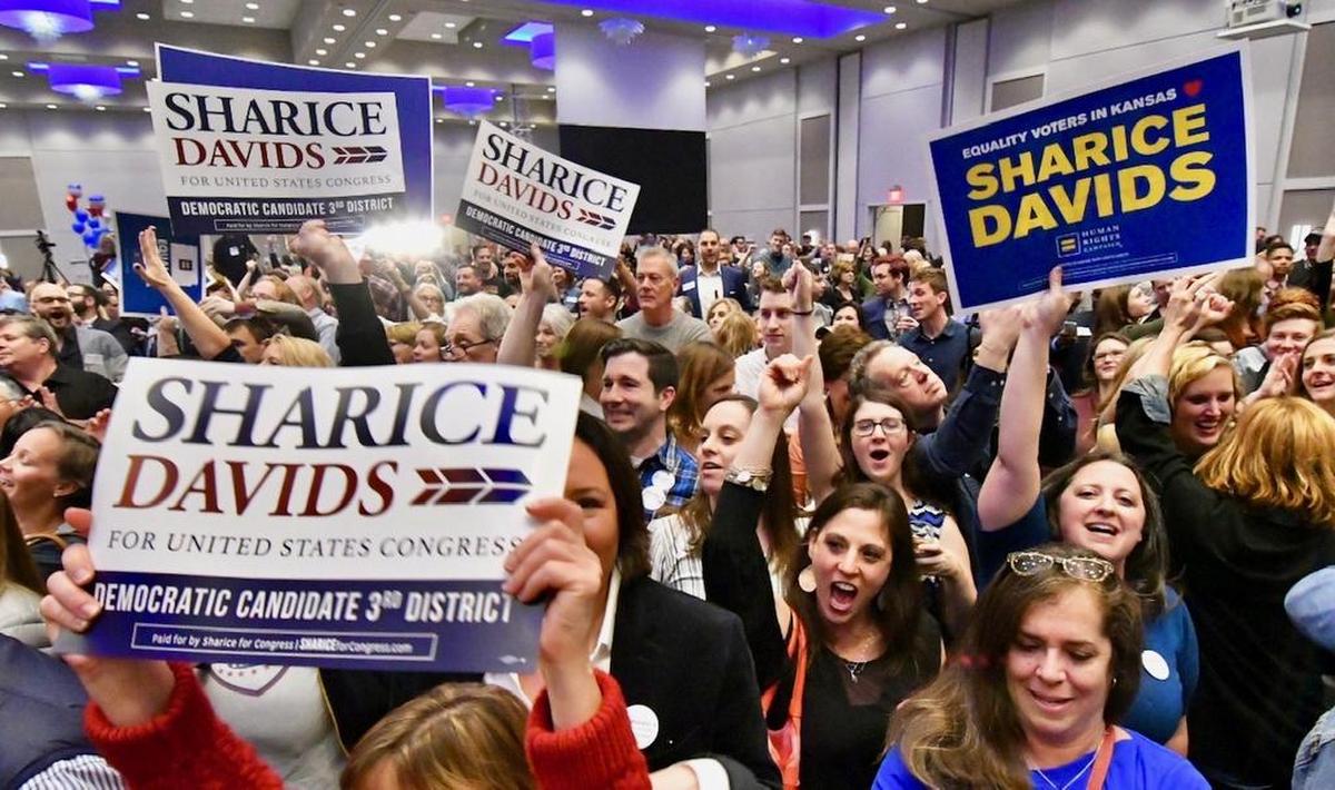 A crowd of Sharice Davids supporters cheered her on at her watch party in Olathe after she won the 3rd Congressional District seat last November.