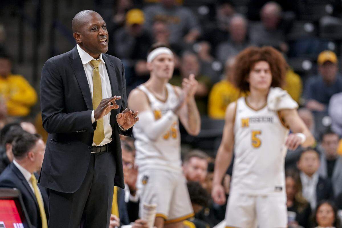 COLUMBIA, MISSOURI - FEBRUARY 18: Head coach Dennis Gates of the Missouri Tigers directs his team against the Vanderbilt Commodores in the first half at Mizzou Arena on February 18, 2026 in Columbia, Missouri.