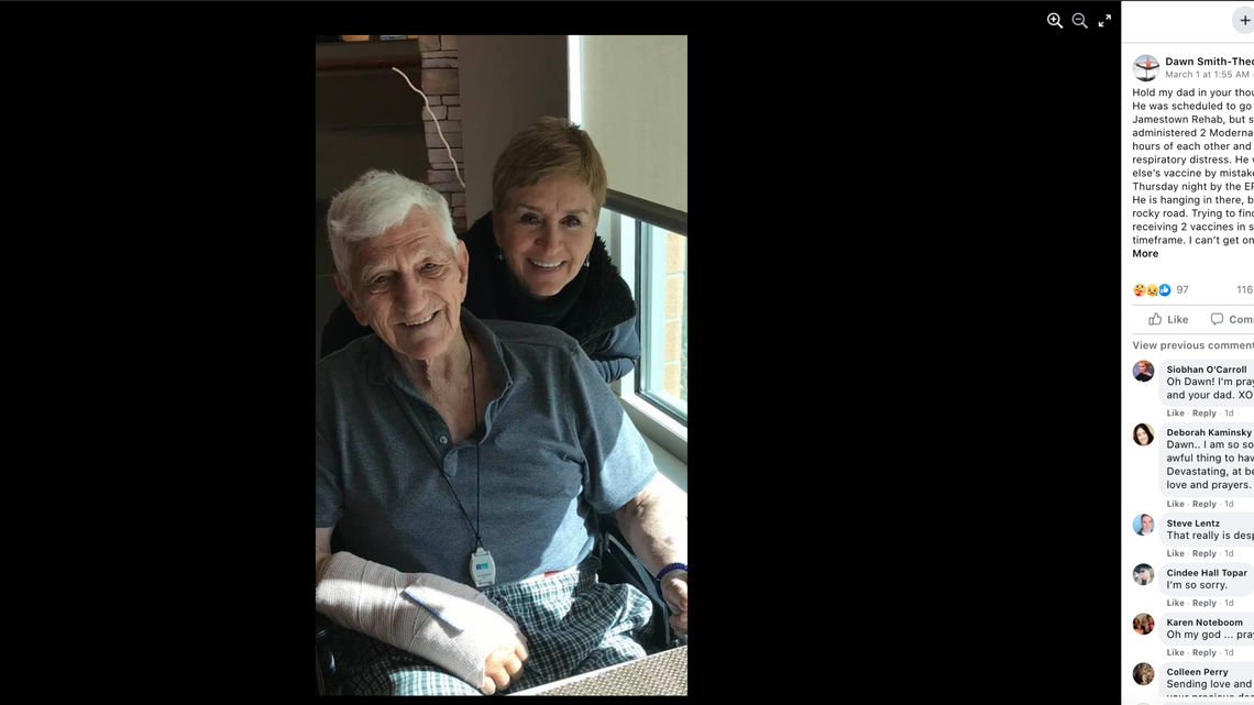 A woman in Ohio says her 91-year-old father mistakenly received two COVID-19 vaccines only four hours apart.