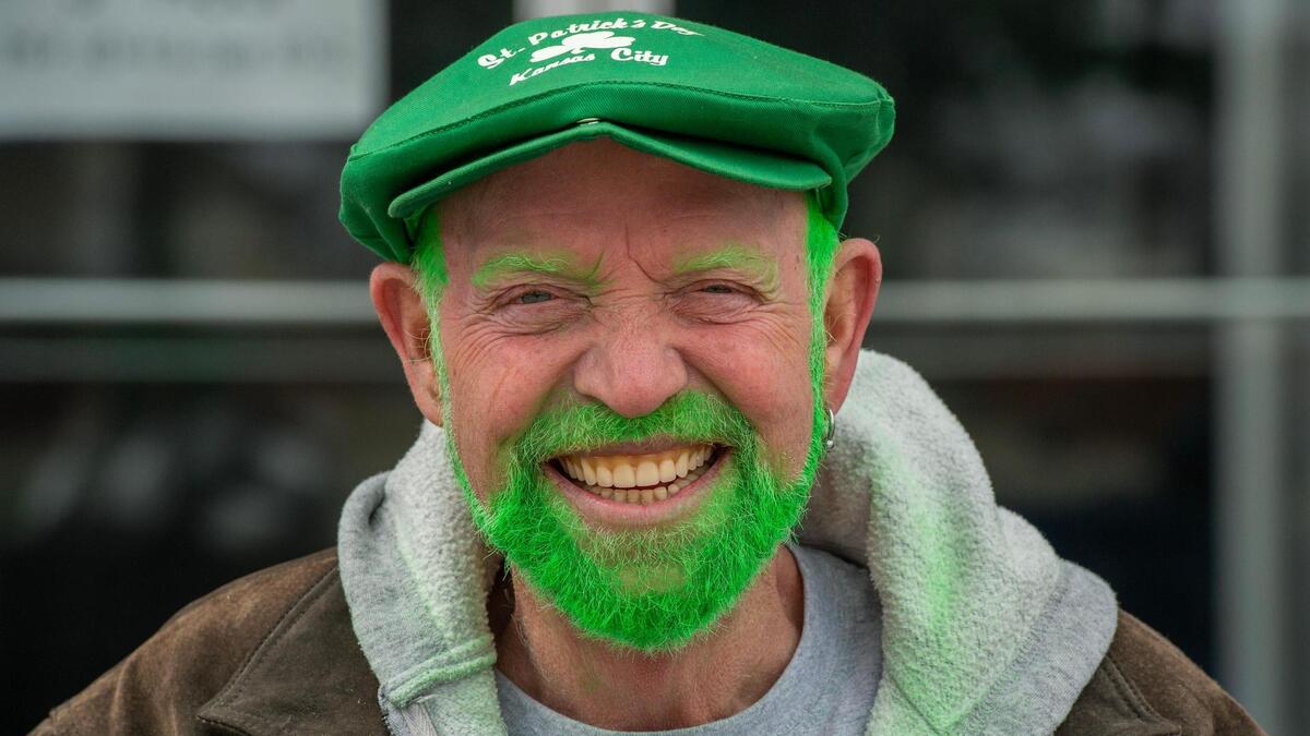 Bob Quinn sports a green beard and eyebrows during the Kansas City St. Patrick’s Day parade on Friday, March 17, 2023, in Kansas City.
