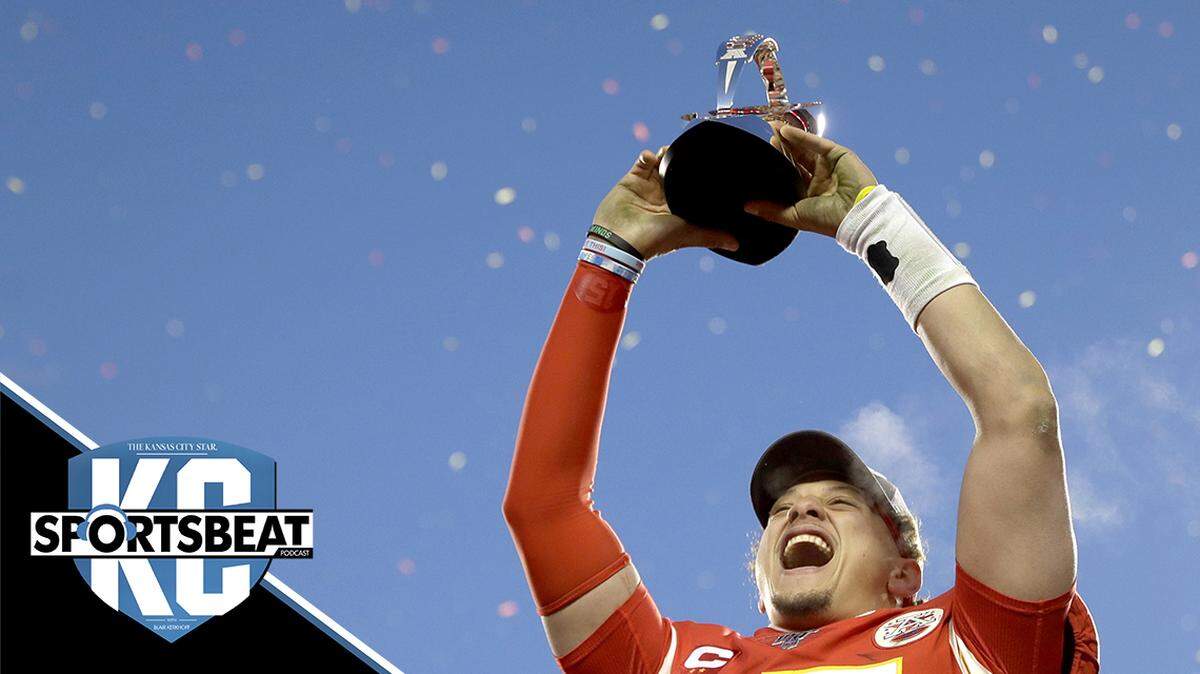 Kansas City Chiefs’ Patrick Mahomes holds the Lamar Hunt Trophy after the NFL AFC Championship football game against the Tennessee Titans Sunday.