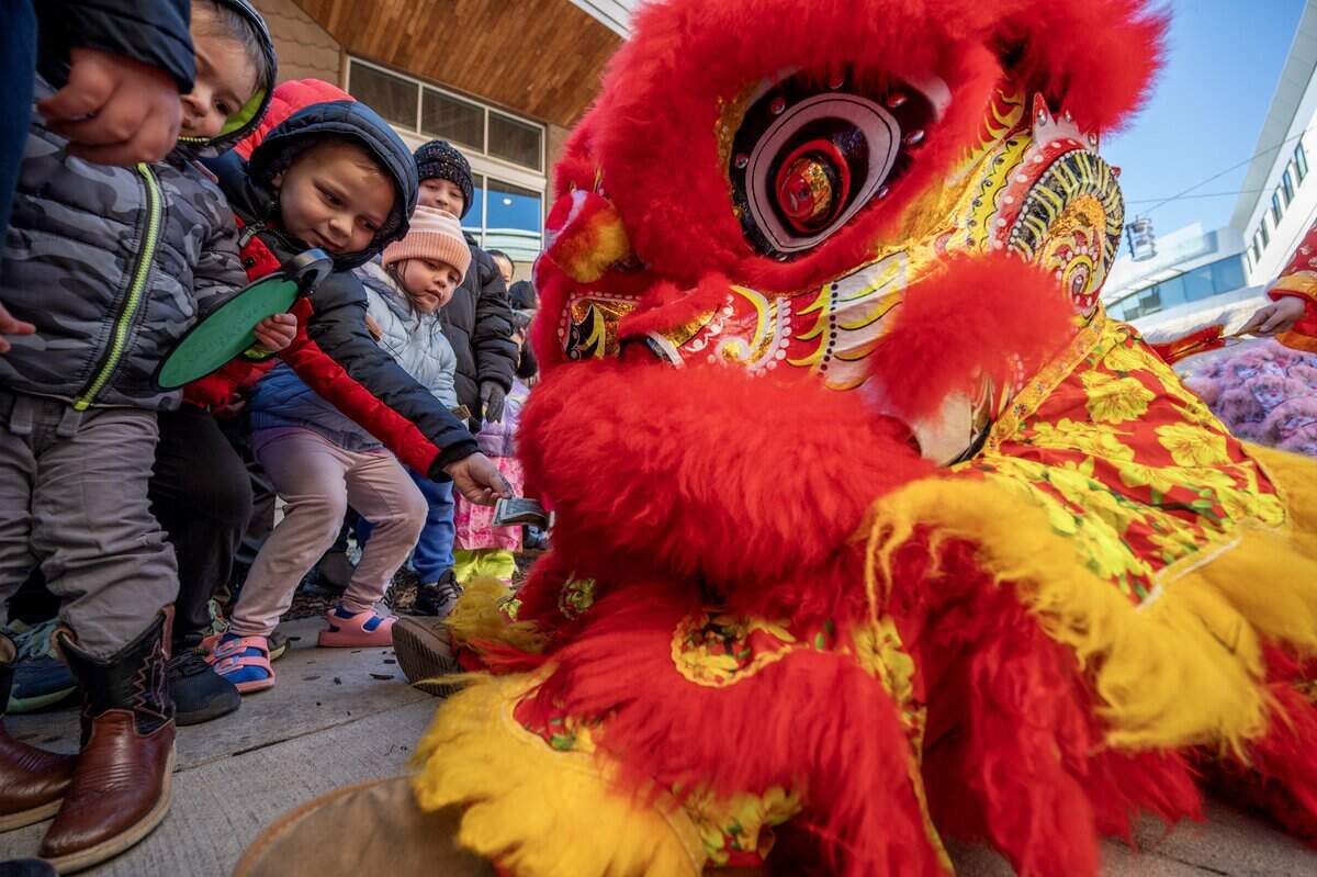 A child gives a dollar bill to a member of the Th?n Phúc Lion Dance team during a performance at a Lunar New Year celebration at the Lenexa Public Market on Sunday, Feb. 22, 2026, in Lenexa,
