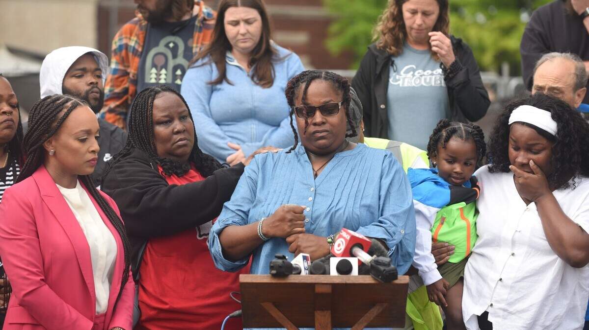 Pauletta Johnson, at podium, speaks during a press event held for her late son Amaree’ya Henderson outside the Unified Government building at 701 N. Seventh Street in Kansas City, Kansas. Henderson, 25, was shot and killed by a Kansas City, Kansas police officer during a traffic stop on April 26.