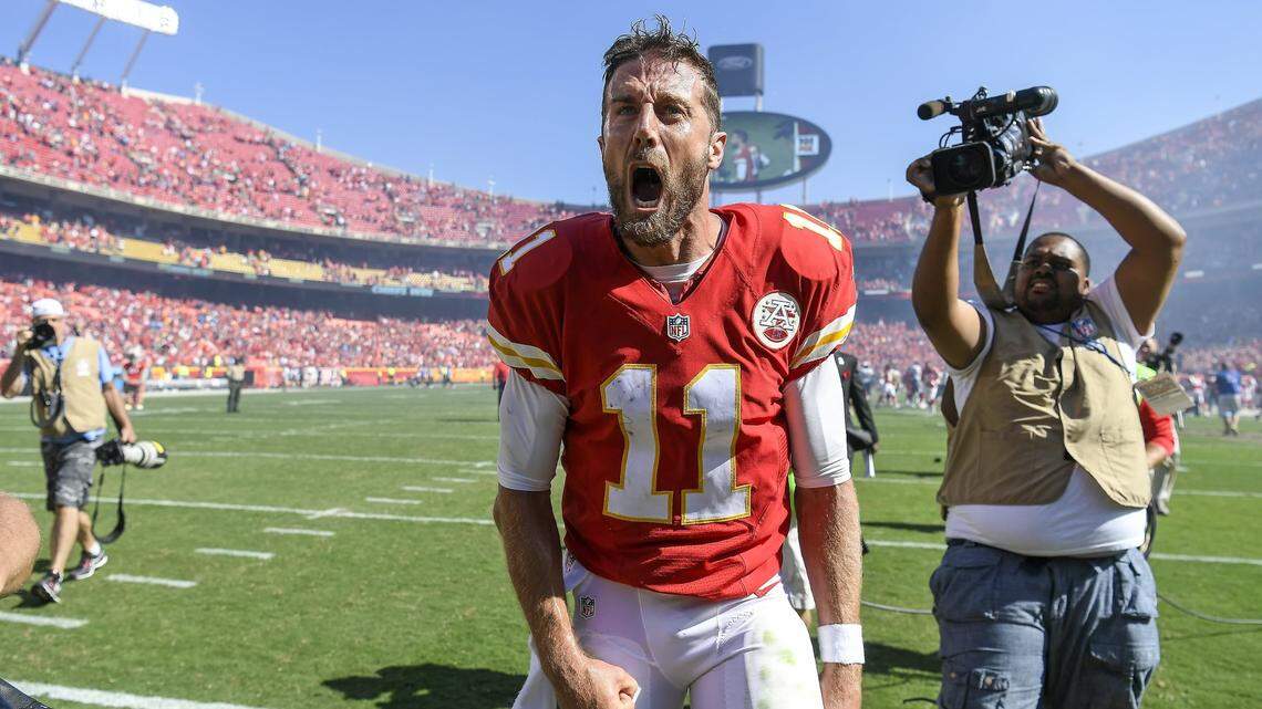 Kansas City Chiefs quarterback Alex Smith (11) shouted in celebration after his two-yard touchdown run in overtime won the game, 33-27, over the San Diego Chargers on September 11, 2016 at Arrowhead Stadium in Kansas City, Mo.