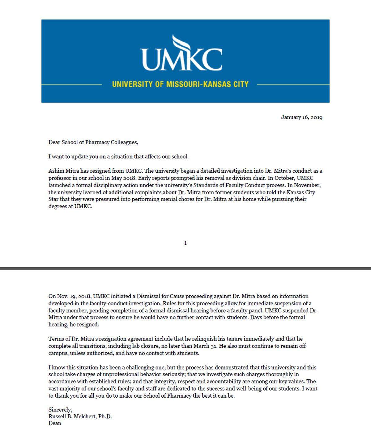 The University of Missouri-Kansas City sent this email to School of Pharmacy colleagues on Wednesday.