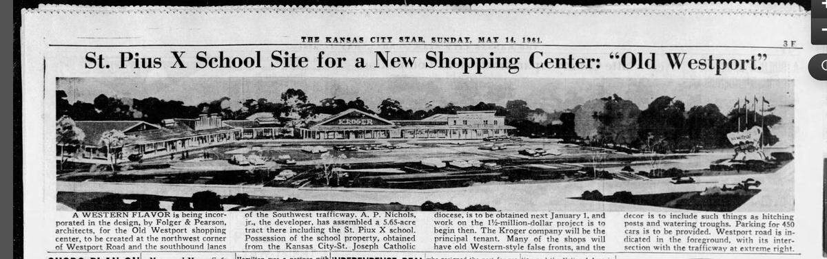 A story in The Star on May 14, 1961, showed a rendering of the Old Westport Shopping Center on 5.65 acres that included the site of the St. Pius X school. The covered wagon can be seen to the far right. The center opened officially in February 1963.