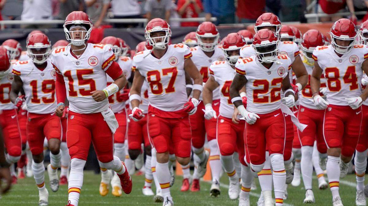 Kansas City Chiefs quarterback Patrick Mahomes (No. 15) leads his team onto Solider Field for Saturday’s preseason opener against the Bears in Chicago.