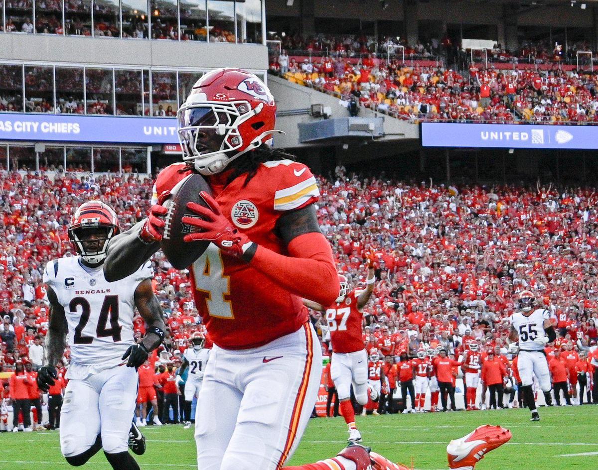 Kansas City Chiefs wide receiver Rashee Rice (4) runs in for a touchdown on a first quarter reception against the Cincinnati Bengals Sunday, Sept. 15, 2024, at GEHA Field at Arrowhead Stadium.