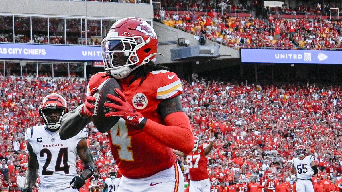Kansas City Chiefs wide receiver Rashee Rice (4) ran in for a touchdown on a first quarter reception against the Cincinnati Bengals Sunday, Sept. 15, 2024, at GEHA Field at Arrowhead Stadium.
