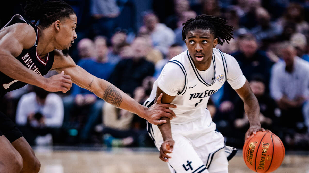 Toledo guard Leroy Blyden Jr. dribbles against UMass during a game on March 13, 2026.