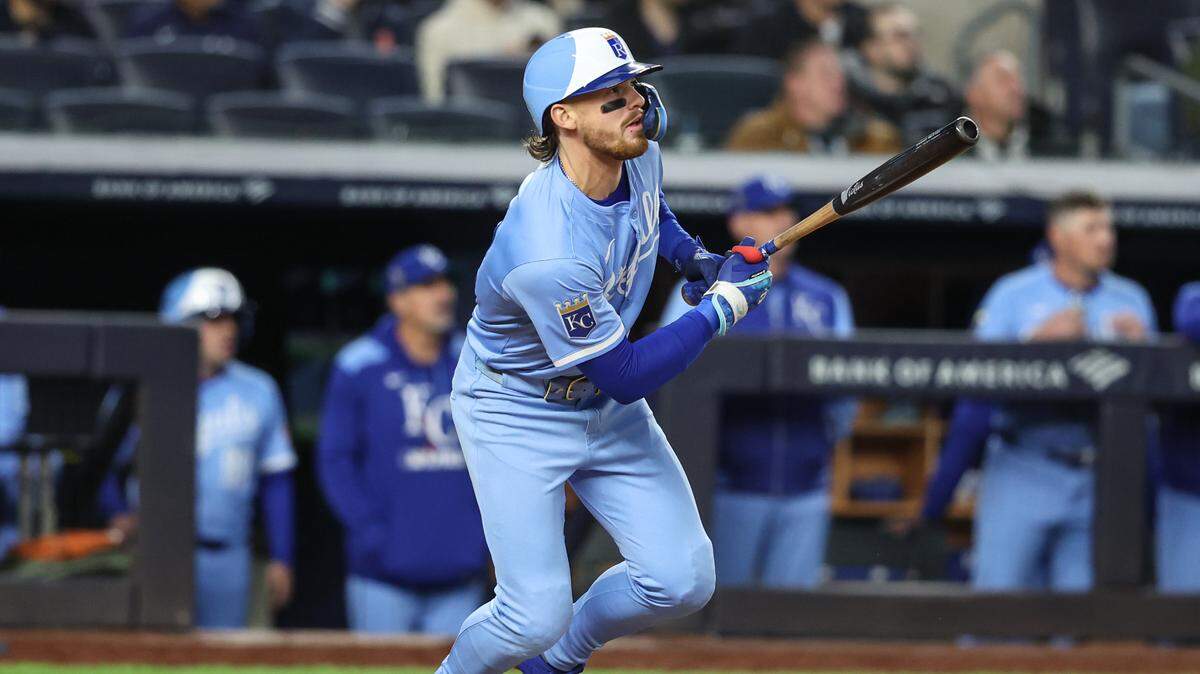 Kansas City Royals shortstop Bobby Witt Jr. hits an RBI double in the third inning against the New York Yankees at Yankee Stadium on April 15, 2025. All players wore No. 42 for Jackie Robinson Day.