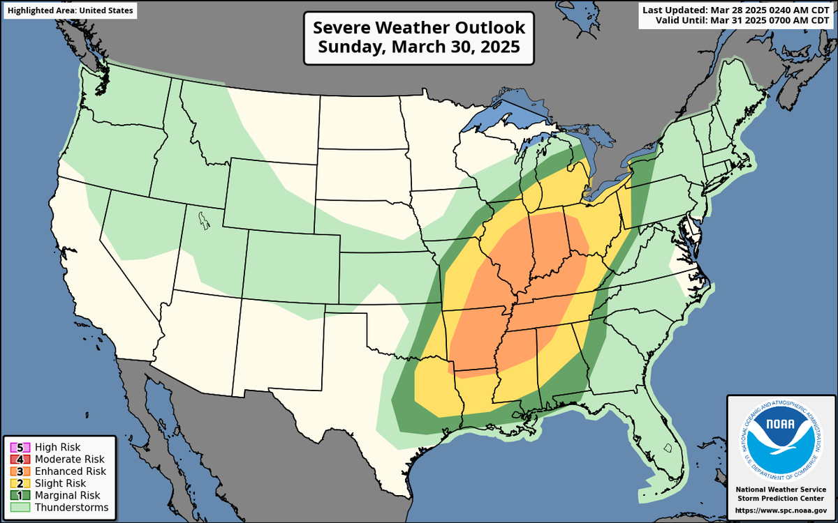 Areas east of Kansas City, including parts of southeast and east Missouri are at an enhance risk of severe weather on Sunday, according to the National Weather Service’s Storm Prediction Center.