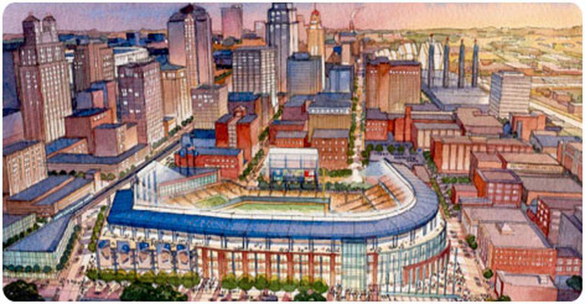 Discussions about building a baseball stadium in downtown Kansas City have been around for a while. This rendering from 2005 shows a potential downtown ballpark in the North Loop area around Seventh Street and Baltimore Avenue looking south.