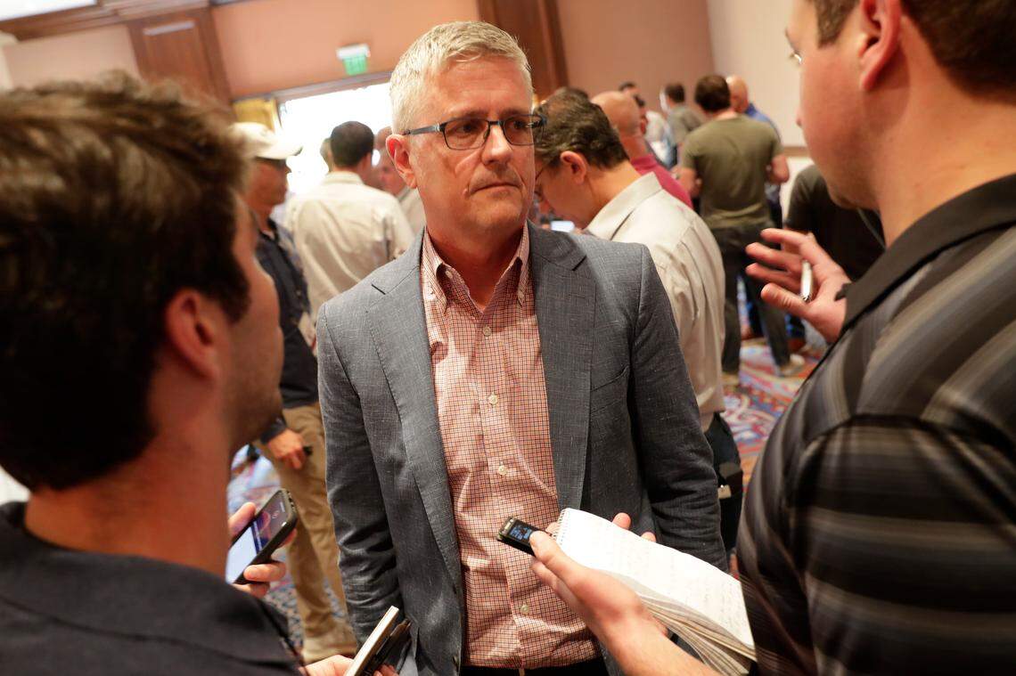 Houston Astros general manager Jeff Luhnow speaks during a media availability during the Major League Baseball general managers annual meetings Tuesday, Nov. 12, 2019, in Scottsdale, Ariz. (AP Photo/Matt York)