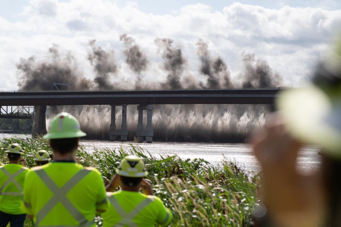 The final arch of the Buck O’Neil Bridge was demolished on Tuesday over the Missouri River near downtown Kansas City.
