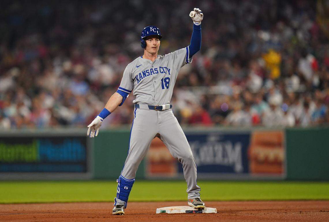 Kansas City Royals outfielder Mike Yastrzemski (18) reacts after hitting a double against the Boston Red Sox in the fourth inning at Fenway Park on Aug. 4, 2025.
