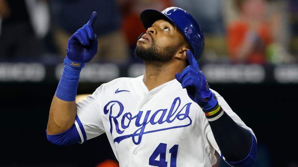 Kansas City Royals’ Carlos Santana reacts as he rounds the bases after hitting a two-run home run during the fifth inning of a baseball game against the Baltimore Orioles in Kansas City, Mo., Thursday, June 9, 2022. (AP Photo/Colin E. Braley)