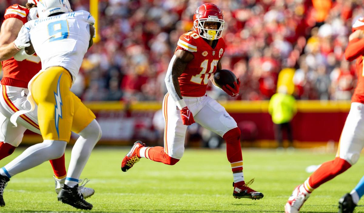 Kansas City Chiefs running back Isiah Pacheco (10) runs the ball against the Los Angeles Chargers during an NFL football game at GEHA Field at Arrowhead Stadium on Sunday, Oct. 22, 2023, in Kansas City.
