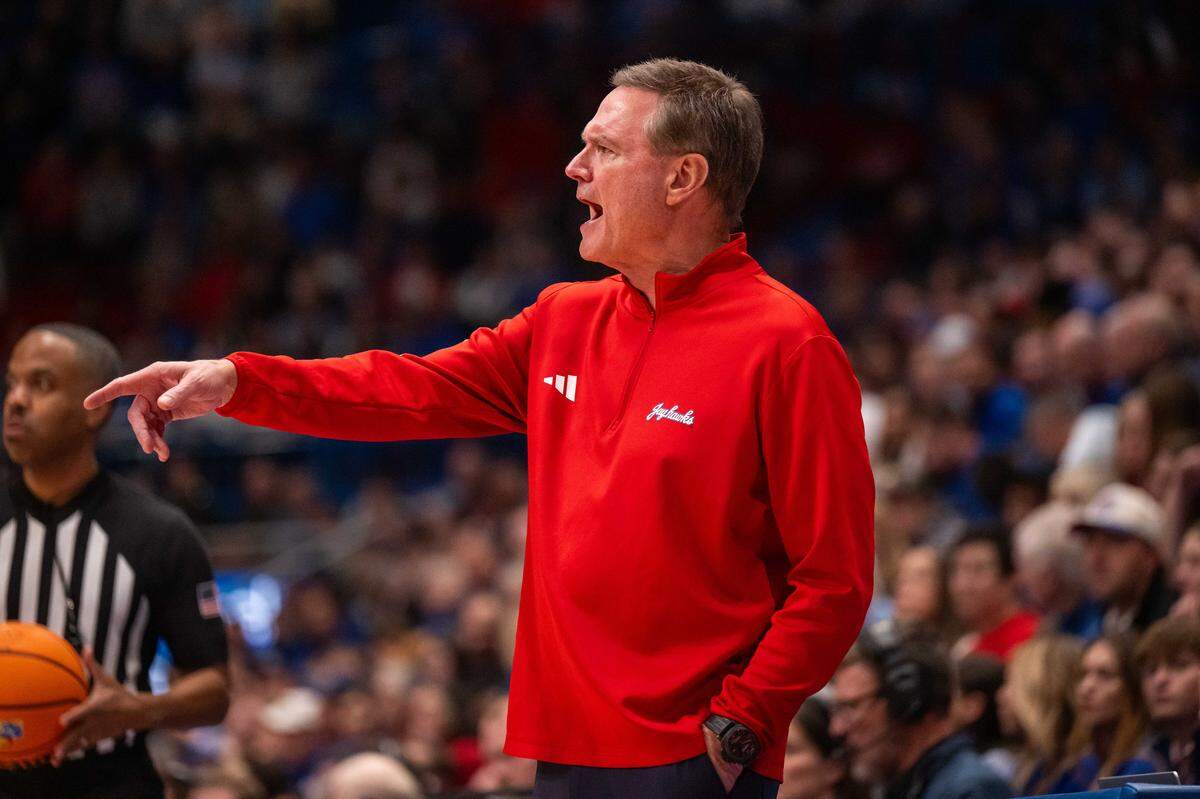 Kansas Jayhawks head coach Bill Self directs his team in the second half vs. the Towson Tigers on Tuesday, December 16, 2025, at Allen Fieldhouse.