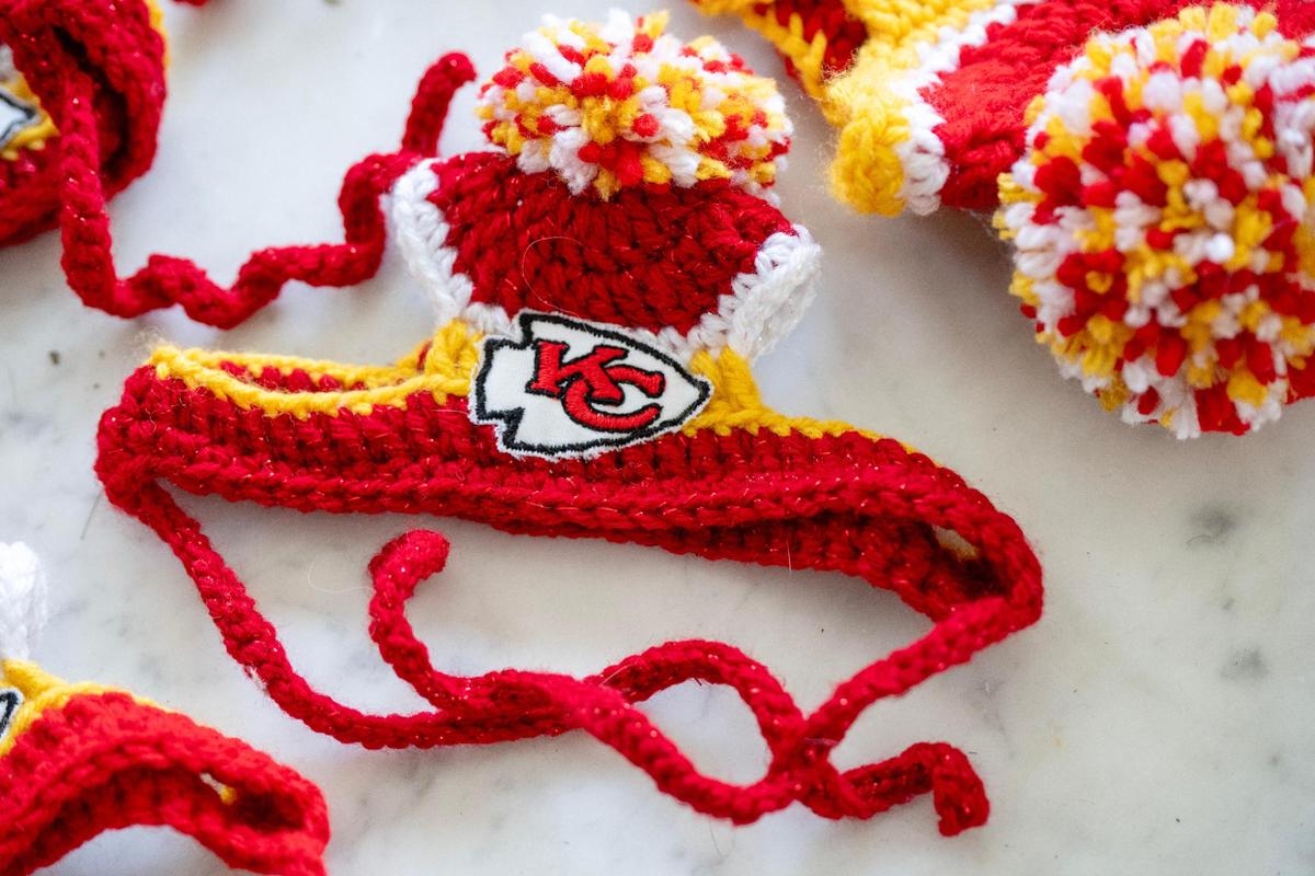 Powell’s pet hats are meticulously crafted. She purchases the Chiefs logos which she sews on to the hats she crochets.