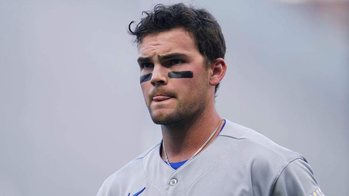 Kansas City Royals’ Michael Massey reacts after striking out against the Minnesota Twins during the first inning of a baseball game Monday, Aug. 15, 2022, in Minneapolis. (AP Photo/Abbie Parr)