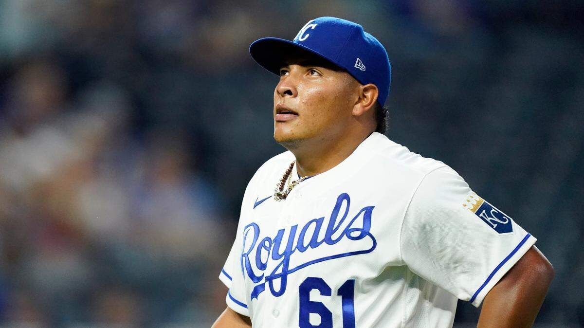 Kansas City Royals starting pitcher Angel Zerpa walks back to the dugout after the first inning of a baseball game against the Cleveland Indians Thursday, Sept. 30, 2021, in Kansas City, Mo. Kansas City, Mo. (AP Photo/Charlie Riedel)