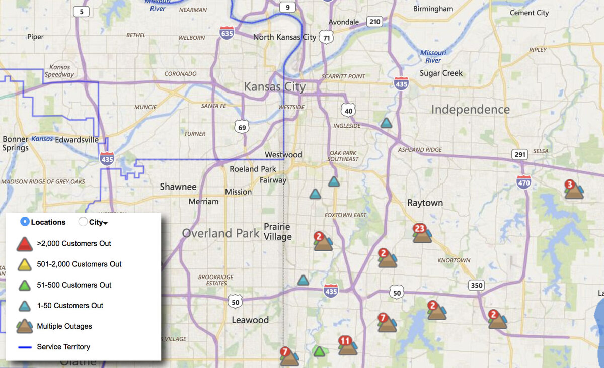 Power outages reported in Kansas City and surrounding areas as of 10:53 p.m. on Wednesday evening.