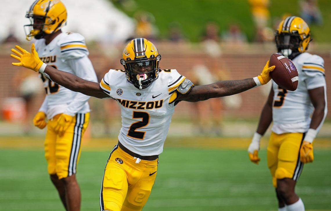 Missouri Tigers defensive back Ennis Rakestraw Jr. (2) celebrates after an interception against the Abilene Christian Wildcats during the second half at Faurot Field at Memorial Stadium on Sept. 17, 2022.