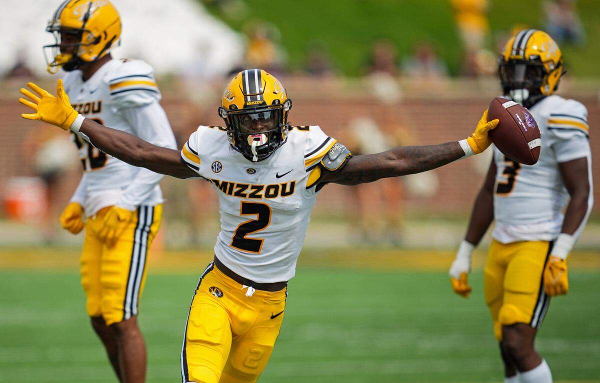 Missouri Tigers defensive back Ennis Rakestraw Jr. (2) celebrates after an interception against the Abilene Christian Wildcats during the second half at Faurot Field at Memorial Stadium on Sept. 17, 2022.