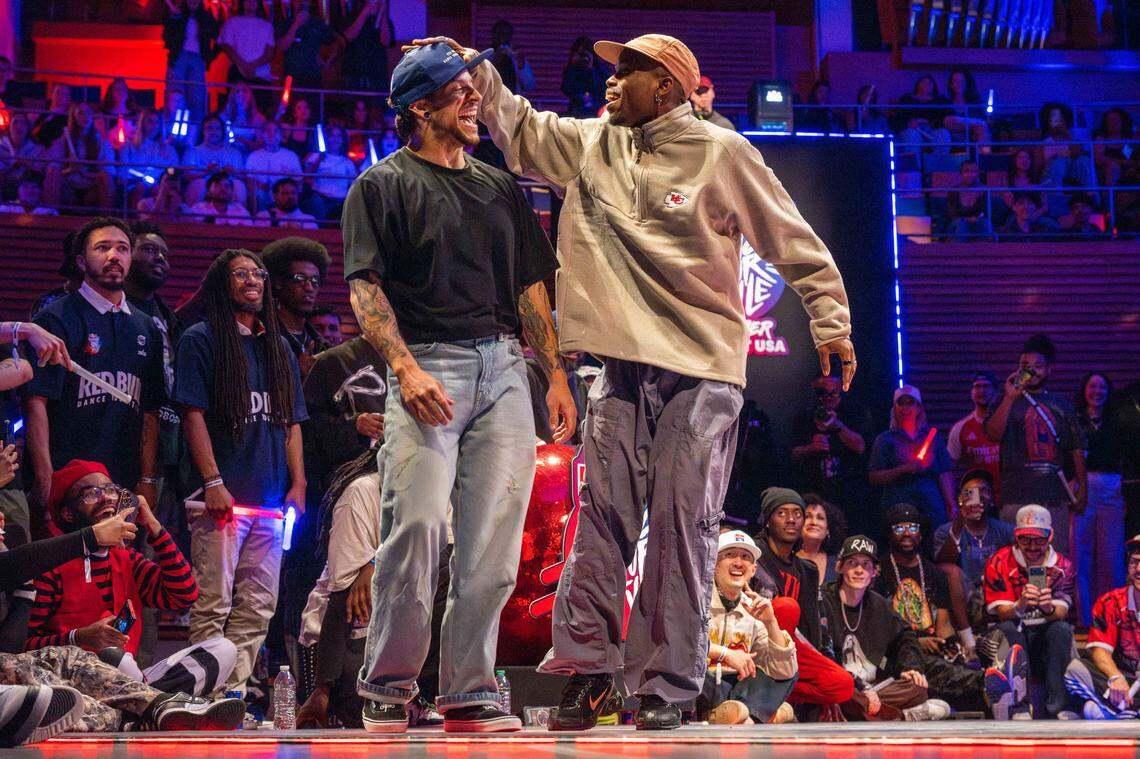 Law pats the head of Jesse Sykes during their semifinal round battle in the Red Bull Dance Your Style Midwest Regional Qualifier, on Saturday, April 25, 2026, at the Kauffman Center for the Performing Arts. Jesse Sykes would advance to the final round.