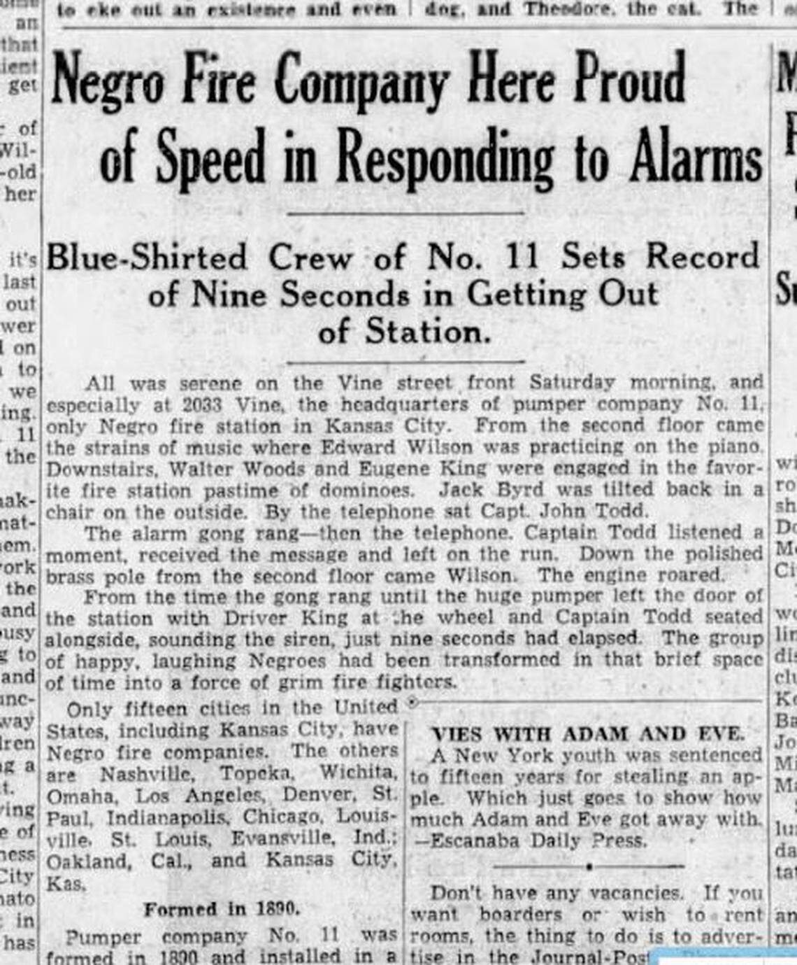 In April 1932, a story in The Kansas City Journal-Post extolled the all-Black crew at Pumper Station No. 11 for its 9-second response, the amount of time it took from receiving a call to getting out of the station at 2033 Vine St.