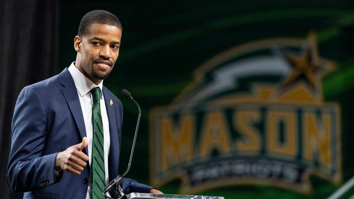 Kim English speaks during an NCAA college basketball news conference where was introduced as George Mason’s new men’s basketball coach, Thursday, March 25, 2021, at EagleBank Arena in Fairfax, Va. (AP Photo/Alex Brandon)