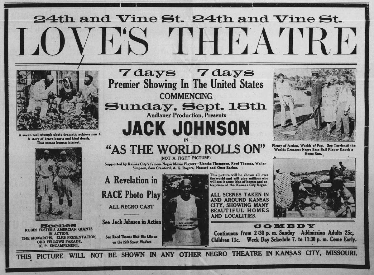 A 1921 advertisement in The Kansas City Sun promotes “As the World Rolls On,” starring boxer Jack Johnson and filmed in Kansas City.