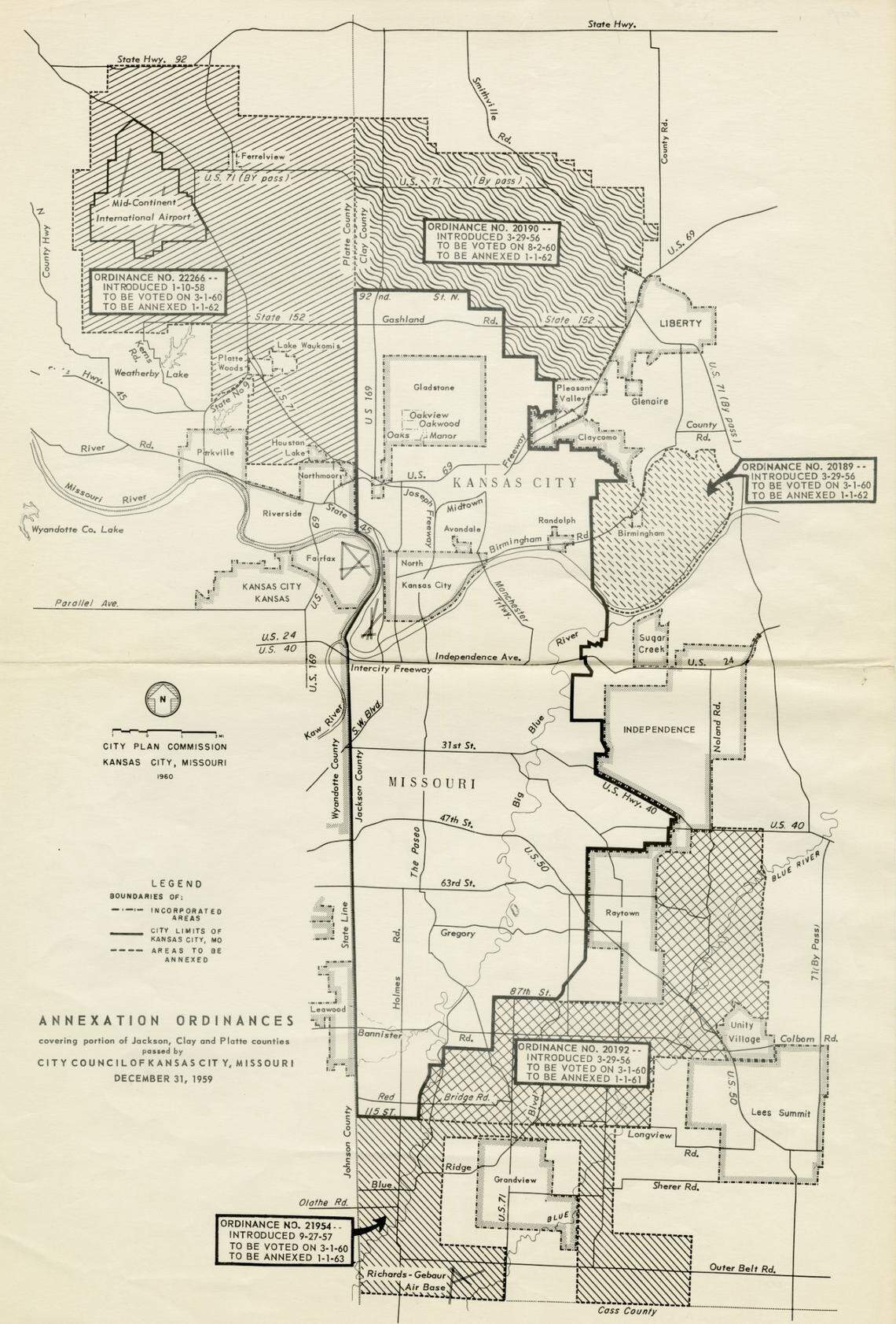 Map detailing Kansas City’s annexations in Clay and Jackson counties through the early 1960s.