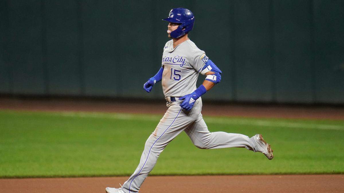 Kansas City Royals’ Whit Merrifield doubles in the seventh inning Tuesday night against the Orioles in Baltimore. The Royals lost 7-2.
