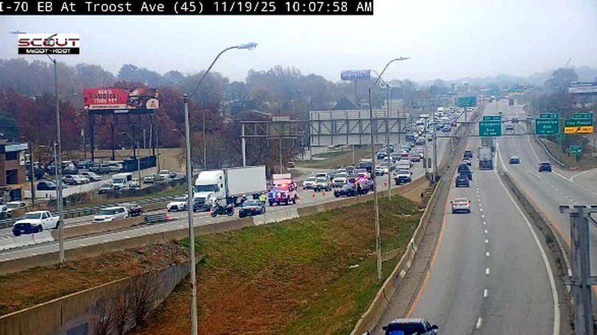 A screenshot of KC Scout cameras shows police activity near Interstate 70 and Troost Avenue Wednesday morning. MoDOT said on social media that police activity caused several closures.