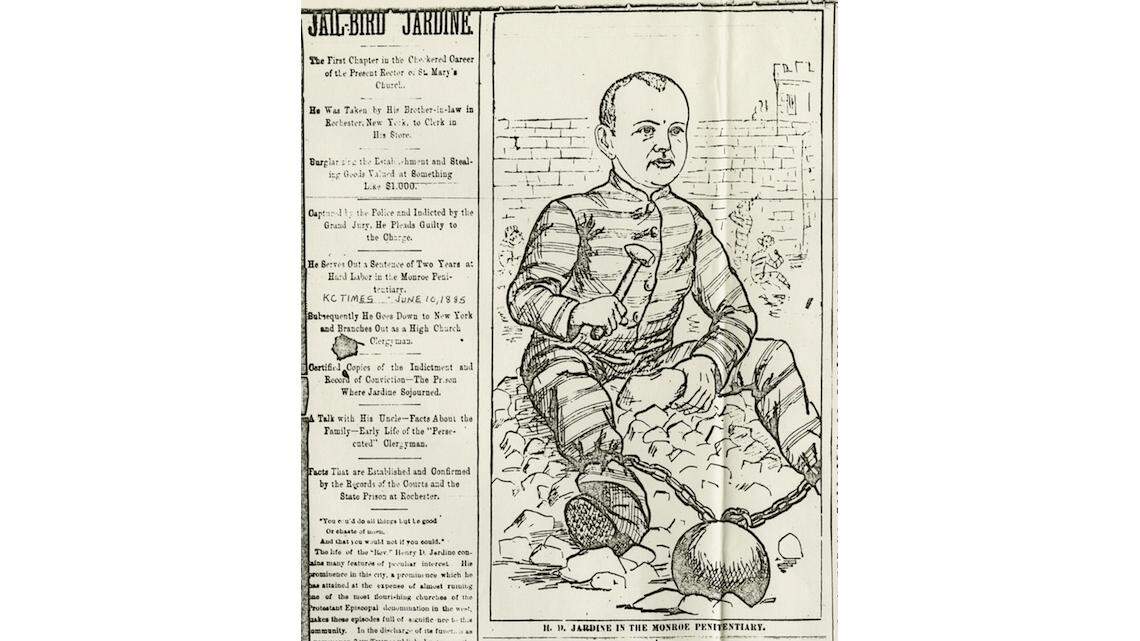 Cartoon that accompanied an article revealing Jardine’s 2-year sentence in a New York prison, Kansas City Times, June 10, 1885.